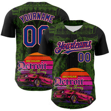 Загрузить изображение в средство просмотра галереи, Custom Black Royal Green Fire Red-White 3D Pattern Design Detroit Cityscape Muscle Car Engine Authentic Baseball Jersey