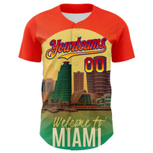 Загрузить изображение в средство просмотра галереи, Custom Orange Green Yellow-Dark Purple 3D Pattern Design Gradient Miami Cityscape Sunset Authentic Baseball Jersey