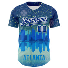 Загрузить изображение в средство просмотра галереи, Custom Blue Royal-White 3D Pattern Design Atlanta Cityscape Fireworks Authentic Baseball Jersey