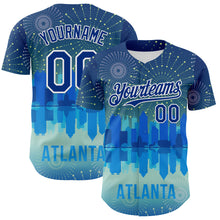 Загрузить изображение в средство просмотра галереи, Custom Blue Royal-White 3D Pattern Design Atlanta Cityscape Fireworks Authentic Baseball Jersey