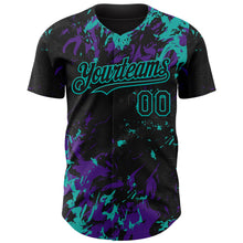 Load image into Gallery viewer, Custom Black Purple-Aqua 3D Pattern Design Splash Authentic Baseball Jersey