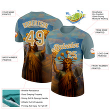 Загрузить изображение в средство просмотра галереи, Custom Blue Old Gold-White 3D Pickleball Paddles Balls Retro Statue Of Liberty Performance T-Shirt