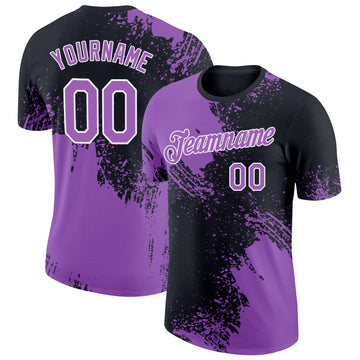 Custom Black Medium Purple-White 3D Pattern Design Abstract Brush Stroke Performance T-Shirt