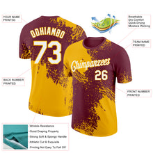 Laden Sie das Bild in den Galerie-Viewer, Custom Burgundy White-Gold 3D Pattern Design Abstract Brush Stroke Performance T-Shirt