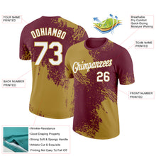 Laden Sie das Bild in den Galerie-Viewer, Custom Burgundy White-Old Gold 3D Pattern Design Abstract Brush Stroke Performance T-Shirt