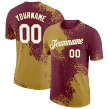 Laden Sie das Bild in den Galerie-Viewer, Custom Burgundy White-Old Gold 3D Pattern Design Abstract Brush Stroke Performance T-Shirt