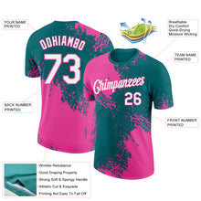 Laden Sie das Bild in den Galerie-Viewer, Custom Teal White-Pink 3D Pattern Design Abstract Brush Stroke Performance T-Shirt