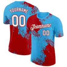 Laden Sie das Bild in den Galerie-Viewer, Custom Sky Blue White-Red 3D Pattern Design Abstract Brush Stroke Performance T-Shirt