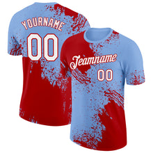 Laden Sie das Bild in den Galerie-Viewer, Custom Light Blue White-Red 3D Pattern Design Abstract Brush Stroke Performance T-Shirt