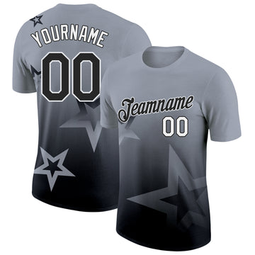 Custom Gray Black-White 3D Pattern Design Gradient Style Twinkle Star Performance T-Shirt
