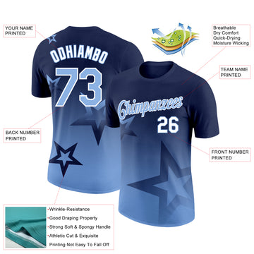 Custom Navy Light Blue-White 3D Pattern Design Gradient Style Twinkle Star Performance T-Shirt