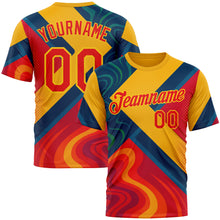 Laden Sie das Bild in den Galerie-Viewer, Custom Yellow Fire Red-Blue 3D Pattern Design Spain Marble Sportswear Performance T-Shirt