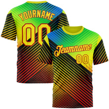 Load image into Gallery viewer, Custom Black Light Yellow Blue-Red 3D Pattern Design Neon Stripe Sportswear Performance T-Shirt