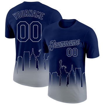 Custom Navy Gray 3D New York City Edition Fade Fashion Performance T-Shirt