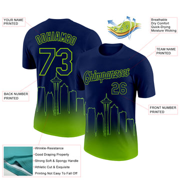 Custom Navy Neon Green 3D Seattle City Edition Fade Fashion Performance T-Shirt