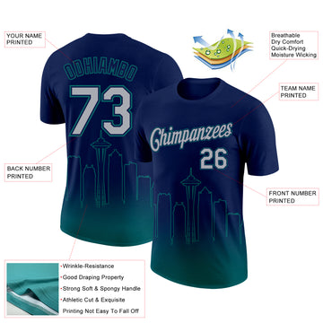 Custom Navy Gray-Teal 3D Seattle City Edition Fade Fashion Performance T-Shirt