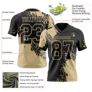 Custom Black Vegas Gold 3D Pattern Abstract Brush Stroke Authentic Football Jersey