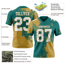 Загрузить изображение в средство просмотра галереи, Custom Teal White-Old Gold 3D Pattern Abstract Brush Stroke Authentic Football Jersey