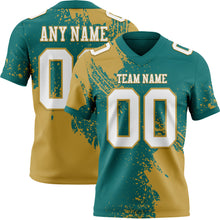 Загрузить изображение в средство просмотра галереи, Custom Teal White-Old Gold 3D Pattern Abstract Brush Stroke Authentic Football Jersey