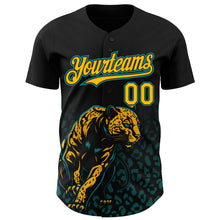 Load image into Gallery viewer, Custom Black Yellow-Teal 3D Pattern Design Gradient Leopard Print Authentic Baseball Jersey