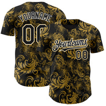 Load image into Gallery viewer, Custom Black Old Gold-White 3D Pattern Design Flower Authentic Baseball Jersey