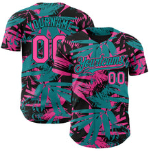 Load image into Gallery viewer, Custom Black Pink-Teal 3D Hawaii Palm Leaves Authentic Baseball Jersey