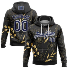 Load image into Gallery viewer, Custom Stitched Black Navy-White 3D Pattern Design Golden Subtle Floral Sports Pullover Sweatshirt Hoodie