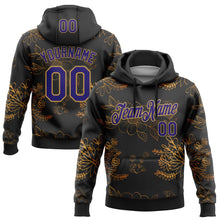 Load image into Gallery viewer, Custom Stitched Black Dark Purple-Old Gold 3D Pattern Design Golden Subtle Floral Sports Pullover Sweatshirt Hoodie