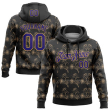 Load image into Gallery viewer, Custom Stitched Black Dark Purple-Old Gold 3D Pattern Design Golden Subtle Floral Sports Pullover Sweatshirt Hoodie