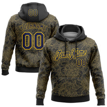 Load image into Gallery viewer, Custom Stitched Black Navy-Yellow 3D Pattern Design Golden Subtle Floral Sports Pullover Sweatshirt Hoodie