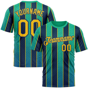 Custom Green Yellow-US Navy Blue 3D Pattern Design Stripe Sportswear Performance T-Shirt