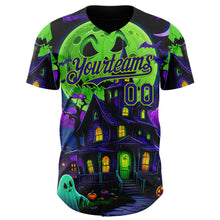Load image into Gallery viewer, Custom Black Dark Purple-Neon Green 3D Halloween Spooky Pumpkin Bat Authentic Baseball Jersey