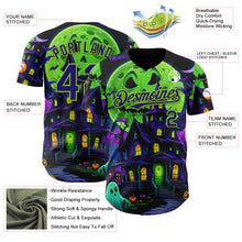 Load image into Gallery viewer, Custom Black Dark Purple-Neon Green 3D Halloween Spooky Pumpkin Bat Authentic Baseball Jersey