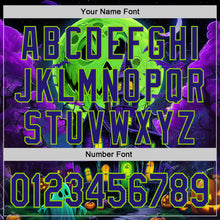 Load image into Gallery viewer, Custom Black Dark Purple-Neon Green 3D Halloween Spooky Pumpkin Bat Authentic Baseball Jersey