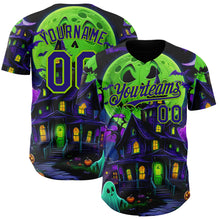 Load image into Gallery viewer, Custom Black Dark Purple-Neon Green 3D Halloween Spooky Pumpkin Bat Authentic Baseball Jersey