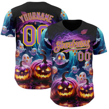 Загрузить изображение в средство просмотра галереи, Custom Black Medium Purple-Yellow 3D Halloween Spooky Pumpkin Authentic Baseball Jersey
