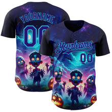 Laden Sie das Bild in den Galerie-Viewer, Custom Blue Dark Purple Black-Sky Blue 3D Halloween Spooky Pumpkin Zombies Authentic Baseball Jersey
