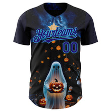 Load image into Gallery viewer, Custom Black Dark Purple-Sky Blue 3D Halloween Spooky Pumpkin Authentic Baseball Jersey