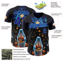 Load image into Gallery viewer, Custom Black Dark Purple-Sky Blue 3D Halloween Spooky Pumpkin Authentic Baseball Jersey