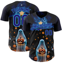 Load image into Gallery viewer, Custom Black Dark Purple-Sky Blue 3D Halloween Spooky Pumpkin Authentic Baseball Jersey