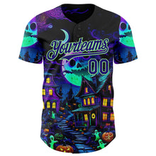 Load image into Gallery viewer, Custom Black Dark Purple-Pea Green 3D Halloween Spooky Pumpkin Authentic Baseball Jersey