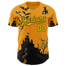 Charger l'image dans la galerie, Custom Yellow Black 3D Halloween Spooky Pumpkin Bat Authentic Baseball Jersey