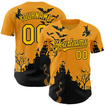 Charger l'image dans la galerie, Custom Yellow Black 3D Halloween Spooky Pumpkin Bat Authentic Baseball Jersey