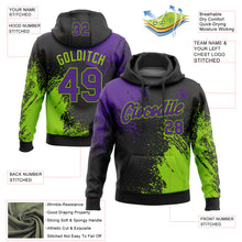 Load image into Gallery viewer, Custom Stitched Black Purple-Neon Green 3D Pattern Design Abstract Brush Stroke Sports Pullover Sweatshirt Hoodie