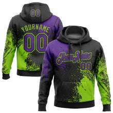 Load image into Gallery viewer, Custom Stitched Black Purple-Neon Green 3D Pattern Design Abstract Brush Stroke Sports Pullover Sweatshirt Hoodie
