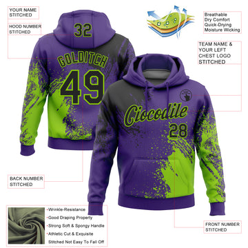 Custom Stitched Purple Black-Neon Green 3D Pattern Design Abstract Brush Stroke Sports Pullover Sweatshirt Hoodie