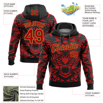 Custom Stitched Black Red-Old Gold 3D Pattern Design Geometric Shape Sports Pullover Sweatshirt Hoodie