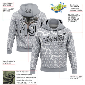 Custom Stitched Gray White-Black 3D Pattern Design Lightning Sports Pullover Sweatshirt Hoodie