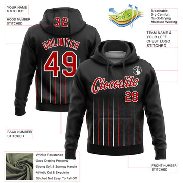 Custom Stitched Black Red-White 3D Pattern Design Line Sports Pullover Sweatshirt Hoodie