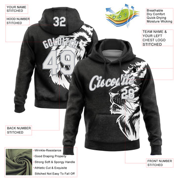 Custom Stitched Black White-Gray 3D Pattern Design Animal Lion Sports Pullover Sweatshirt Hoodie